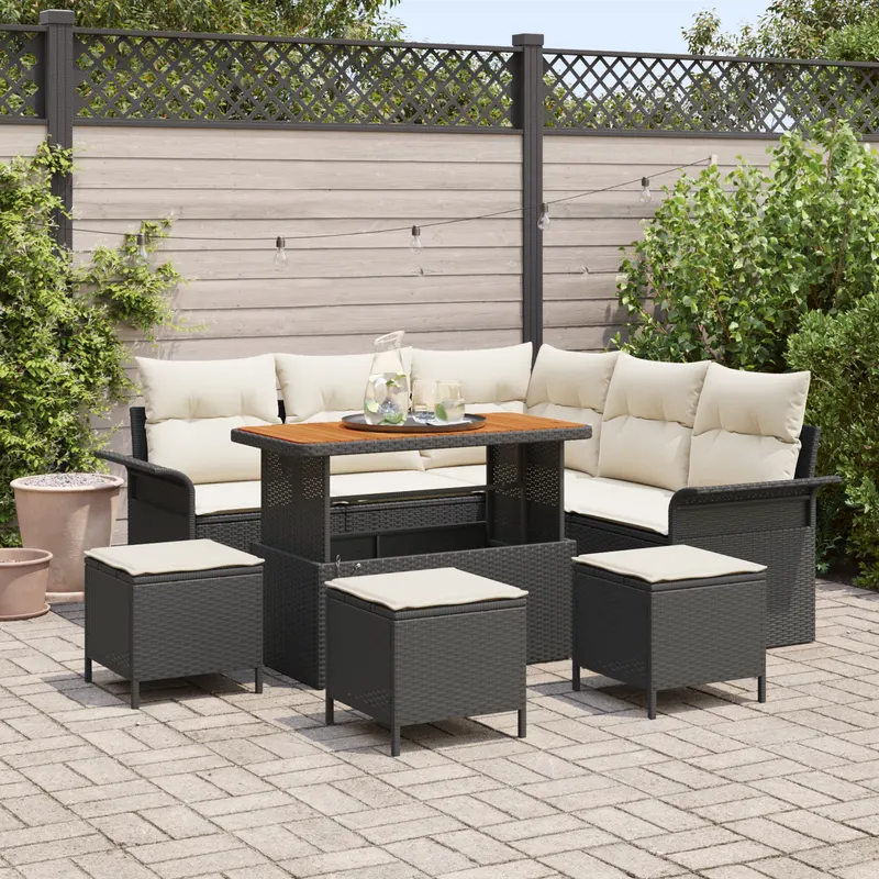 set de canapea de gradina cu 9 piese si perne negru ratan poly acacia
