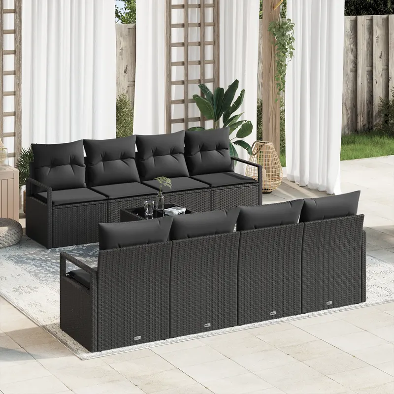 Set canapele gradina cu perne negru poli ratan, canapea gradina cu 2 locuri si stocare & perne negru poli ratan