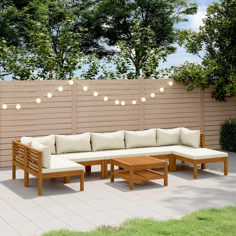 set mobilier gradina cu perne crem, 8 piese, lemn masiv acacia