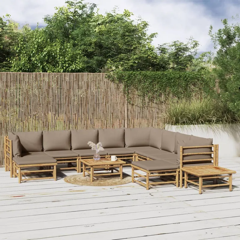 set mobilier de gradina cu perne gri taupe, 12 piese, bambus