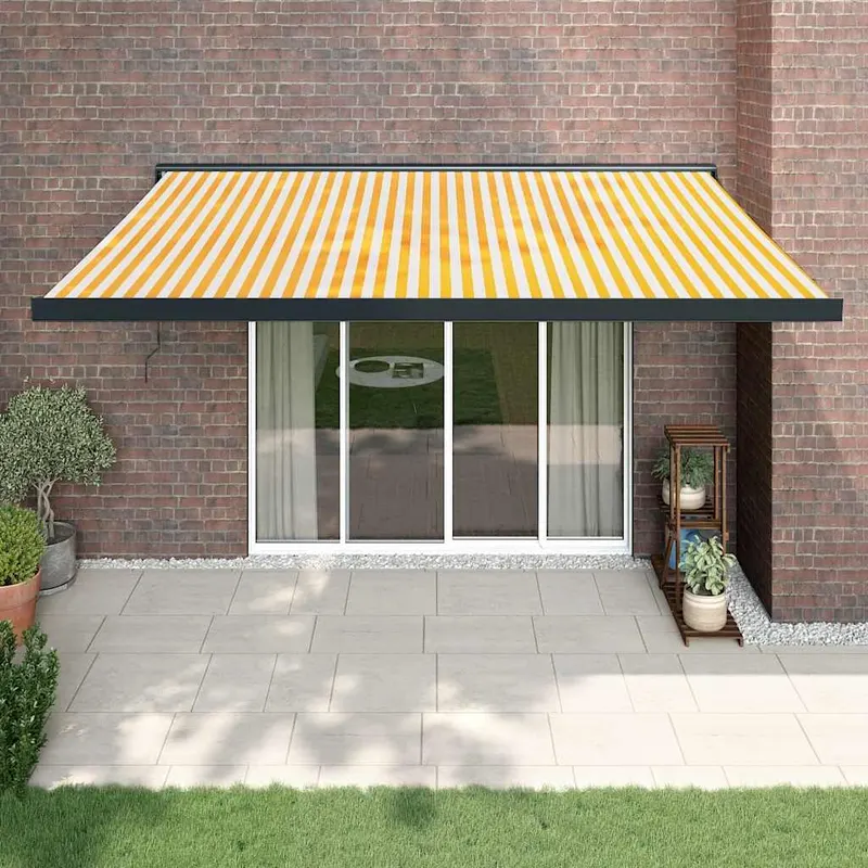 copertina retractabila galben si alb, 4x3 m, textil si aluminiu