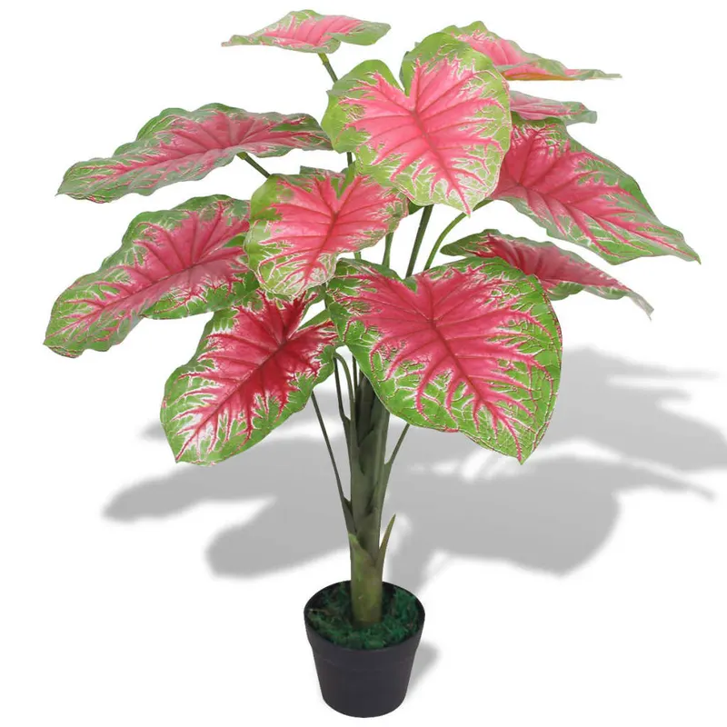 planta artificiala caladium cu ghiveci, 85 cm, verde si rosu