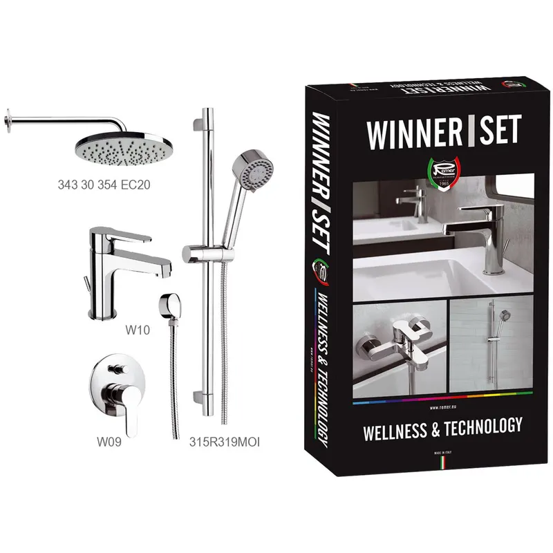 Set dus incastrat Remer Rubinetterie Winner W0910315RMOI, Anti-calcar, 4 functii, palarie dus 20 cm, cartus ceramic, alama cromata