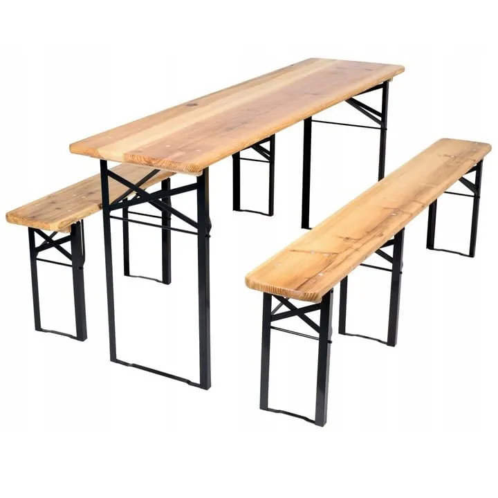 Set berarie lemn masiv pliabil masa si 2 banci terasa gradina, 177x46 cm, rezistent, natur