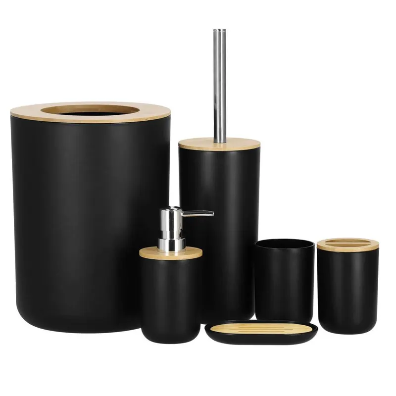 Set 6 accesorii baie rotunde plastic elemente bambus, cos gunoi perie sapuniera, negru