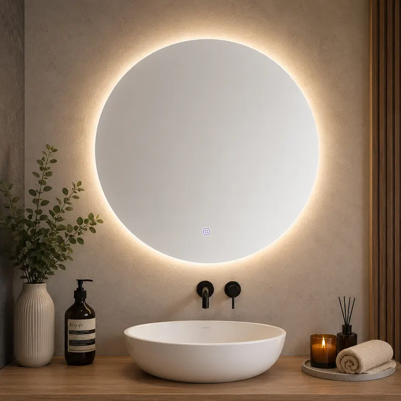 Oglinda baie LED rotunda cu functie anti-aburire, iluminare perimetrala reglabila cu control tactil, 60 cm