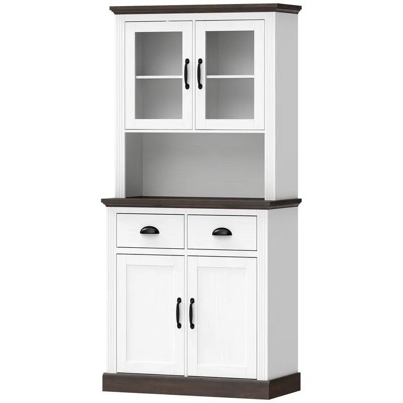 HOMCOM Dulap de bucătărie înalt cu uși din sticlă 2 sertare rafturi reglabile compartiment deschis 80x38x170 cm Alb