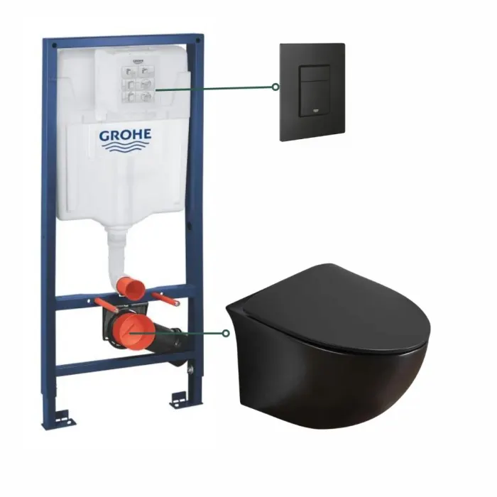 Set vas wc suspendat, rimless negru mat, Alice si rezervor incastrat Grohe Solido cu clapeta neagra mata Even