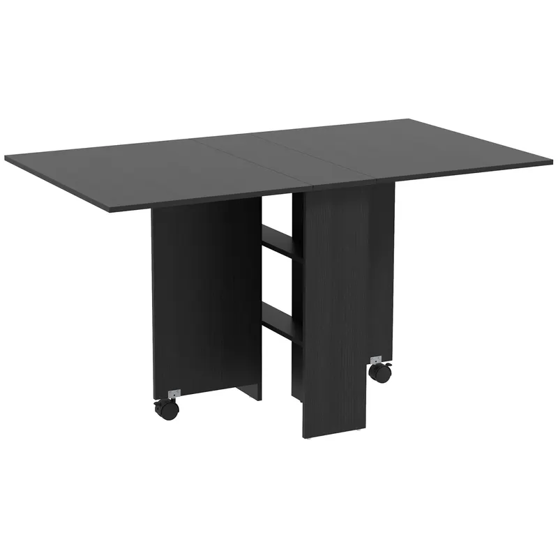 HOMCOM Masă Pliabilă, Masă Rabatabilă pentru 4-6 Persoane cu 2 Rafturi și 2 Roți, din Lemn și Metal, 140x80x74 cm, Negru