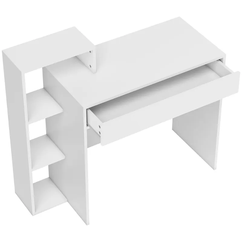 HOMCOM Compact Computer Desk with 3 Storage Shelves and Drawer, Space Saving Writing Desk, Study Table for Home Office, 110 x 40 x 92 cm, White