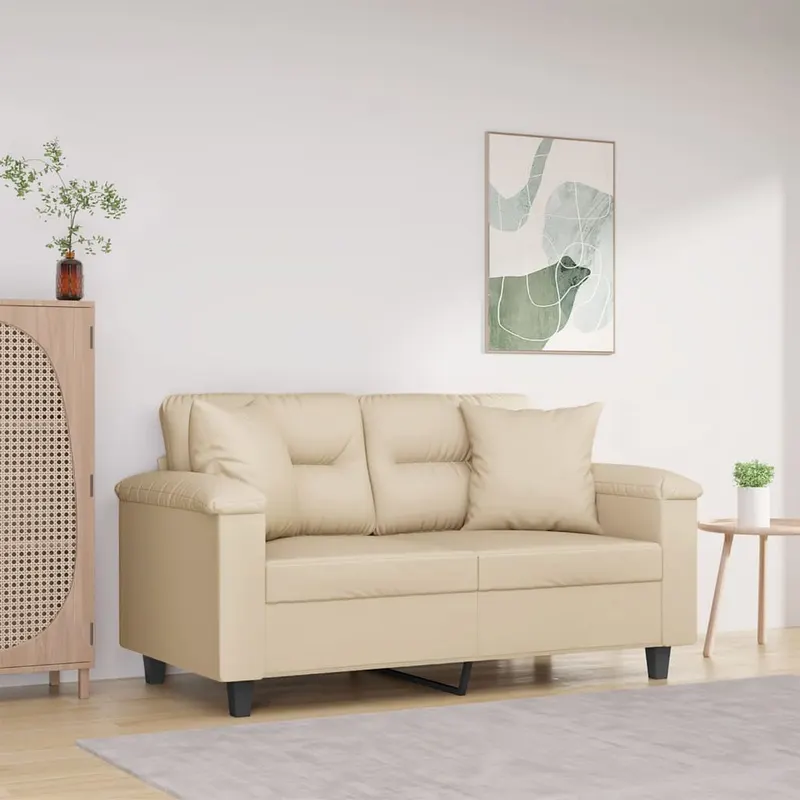 canapea cu 2 locuri, cu perne, crem, 120 cm, microfibra