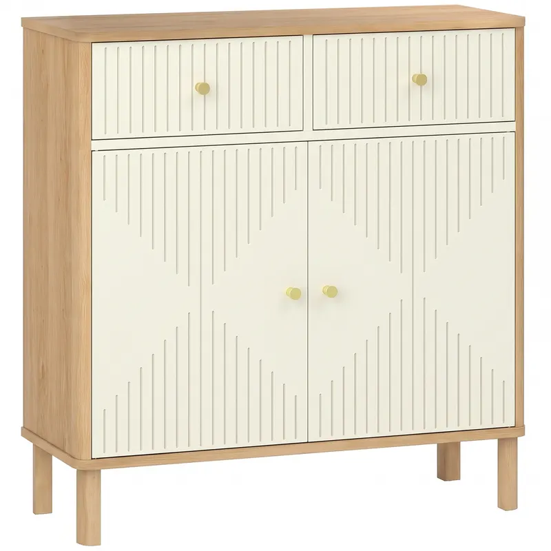 HOMCOM Bufet, corp de depozitare canelat cu blat cu aspect de stejar, 2 sertare, 2 uși, poliță reglabilă, 77x30x80cm, crem