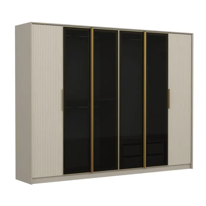 Dulap LUXE, 6 usi, alb + auriu + geam fumuriu, 274x52x210 cm