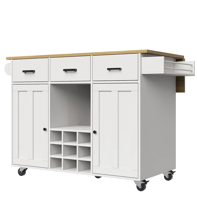 Cărucior de bucătărie cu blat rabatabil, 3 sertare, 2 uși, compartiment pentru vin și suport pentru prosoape, 124x40/65x91,5 cm, Alb
