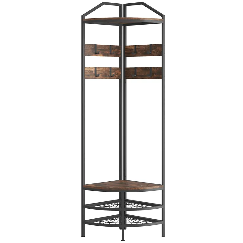 HOMCOM Mobilier de intrare de colț, vestiar cu 4 niveluri, depozitare pentru încălțăminte, 8 cârlige mobile, 2 rafturi, maro rustic