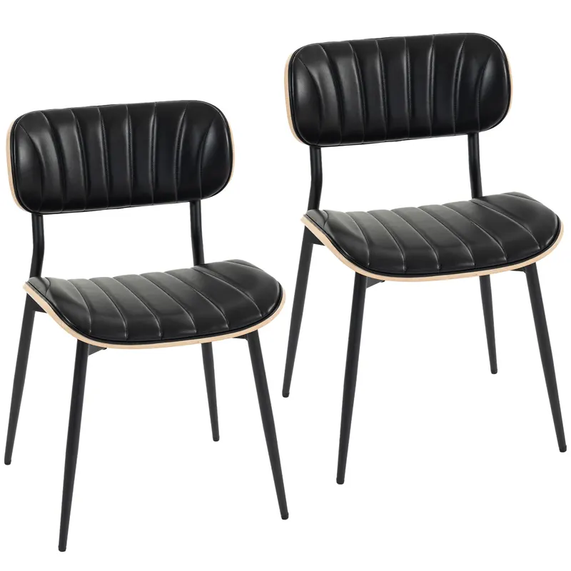HOMCOM Set de 2 scaune pentru sufragerie, scaune de bucătărie fără brațe, spătar curbat și șezut tapitat cu PU, negru