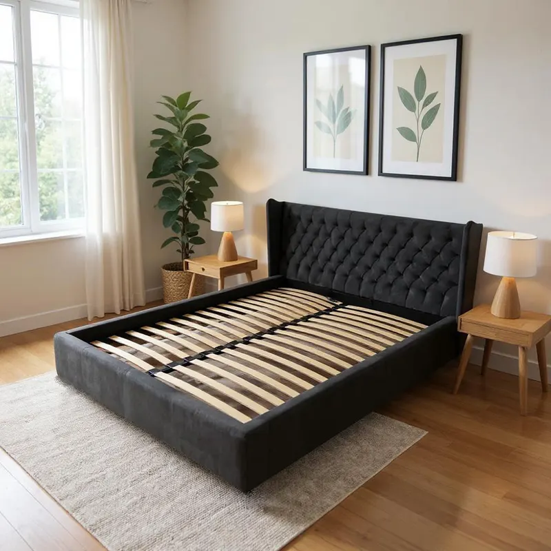 Pat Chesterfield tapitat cu catifea, cu somiera fixa 160x200