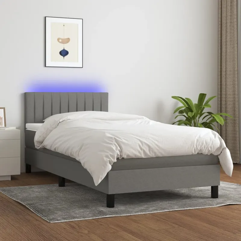 pat cu arcuri, saltea si led, gri inchis, 80x200 cm, textil