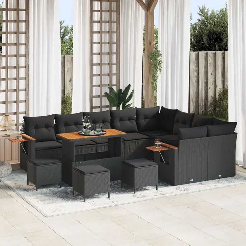 Set sofa gradina 12 piese cu perne negru poliratan acacia, set dining gradina 3 piese cu perne negru poliratan acacia