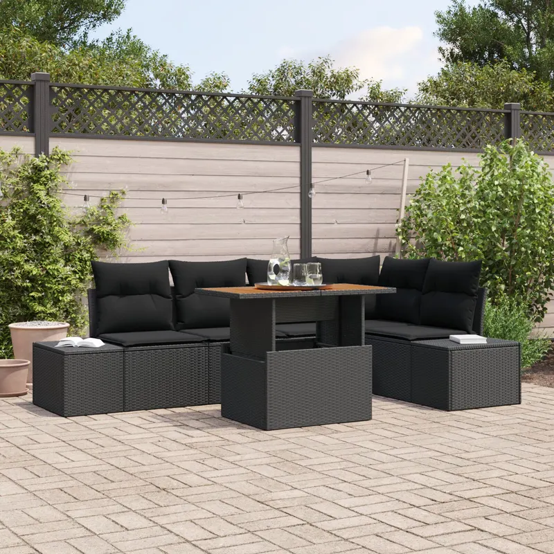 set 6 piese pentru gradina cu perne din ratan sintetic negru si acacia