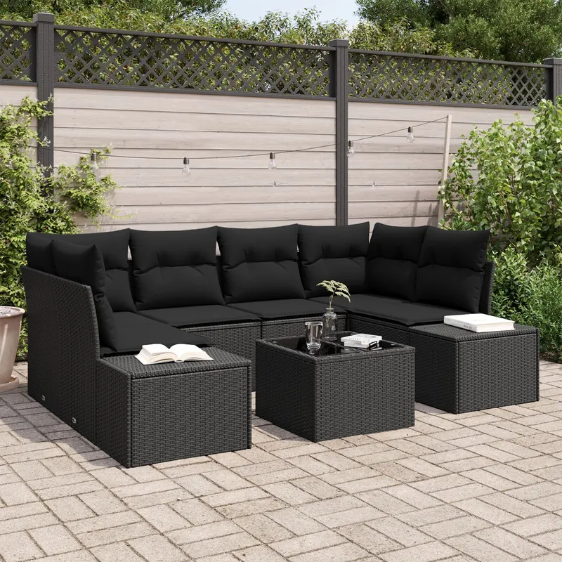 set canapea gradina cu perne negru ratan poli