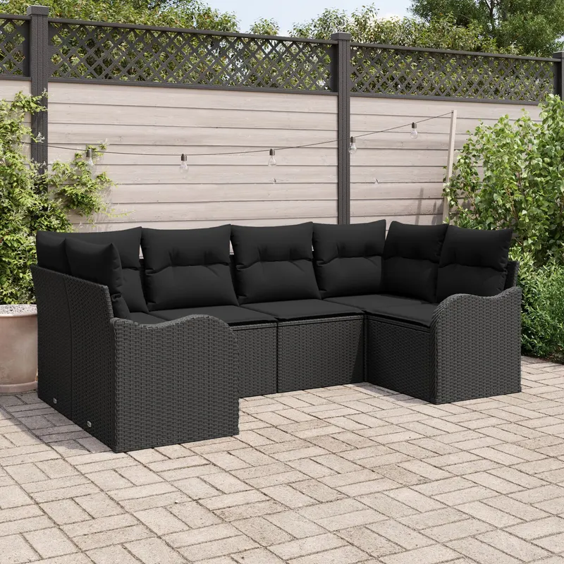 Set de canapea de gradina 6 piese cu perne negru ratan poli, canapea de gradina cu 2 locuri si perne negru ratan poli