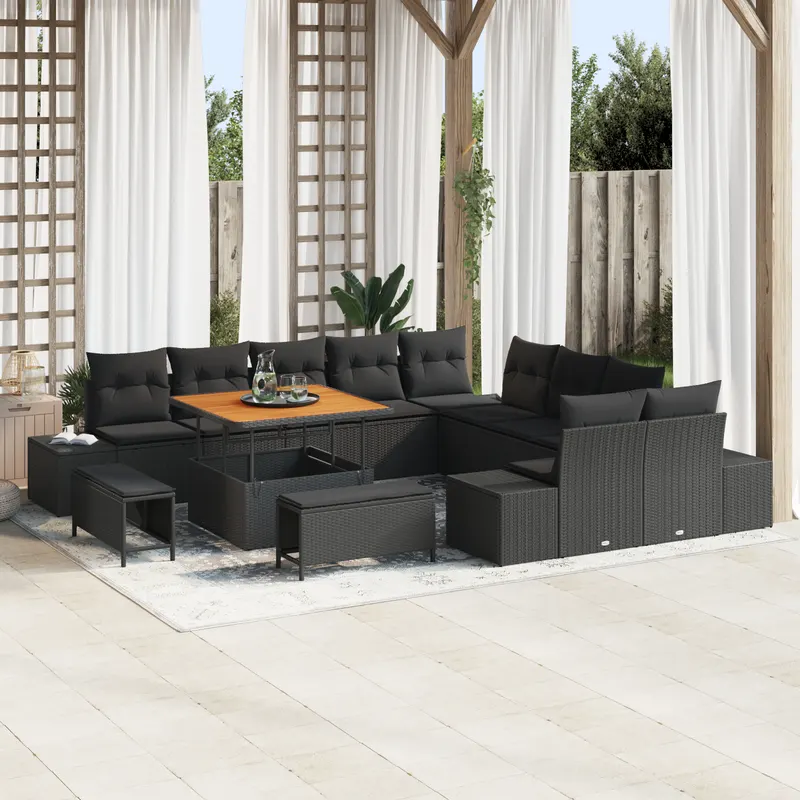 Set de canapea de gradina , 13 piese cu perne din ratan poli negru si acacia, canapea de gradina pentru 2 persoane cu perne din ratan poli negru, set de dining de gradina , 3 piese cu perne din ratan poli negru si acacia