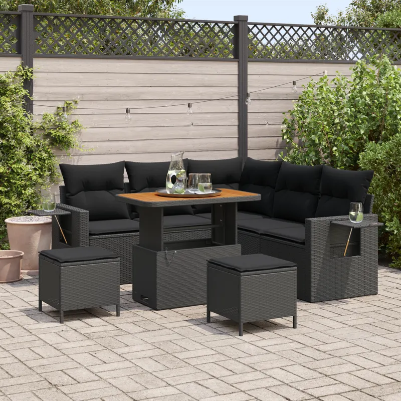 set canapea gradina cu 8 piese si perne ratan poli acacia negru