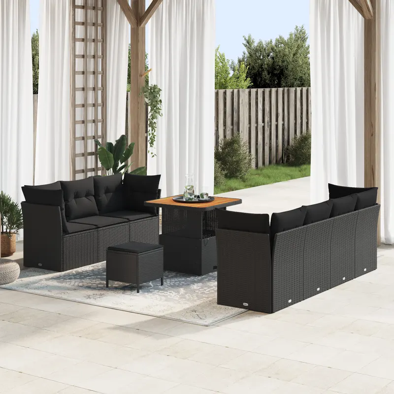 Set de 10 piese canapele de gradina cu perne negru poliratan acacia, set dining gradina 3 piese cu perne negru poliratan acacia
