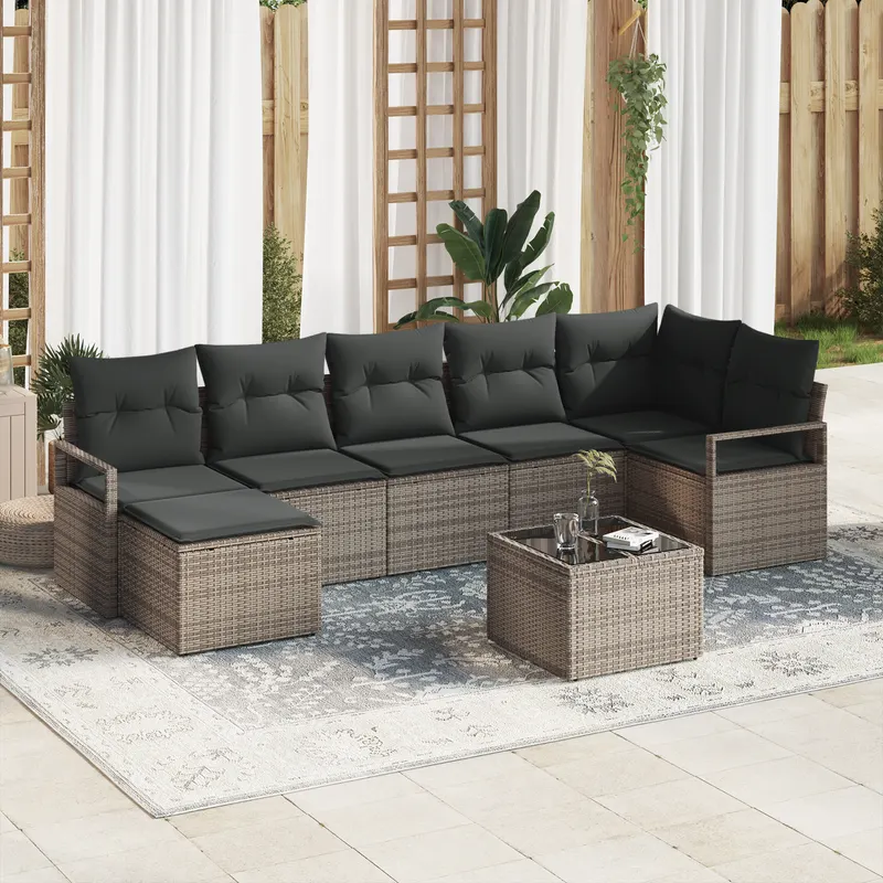 Set canapea gradina 7 piese cu pernite negru ratan poli, canapea gradina 2 locuri cu stocare si pernite gri ratan poli