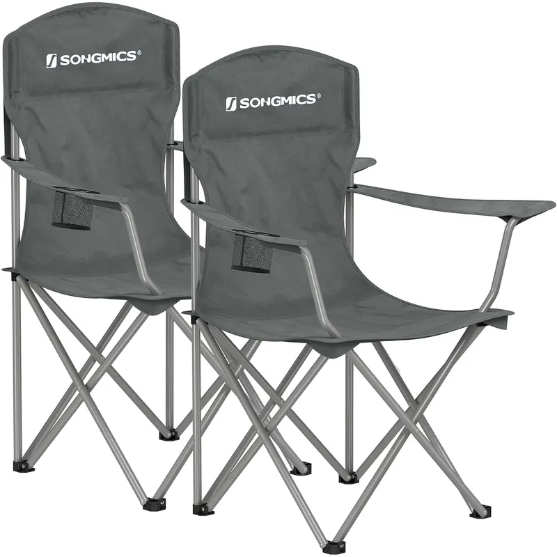 Set 2 scaune pliabile camping cu suport bauturi, husa transport, 150 kg, 54x86x97 cm, gri