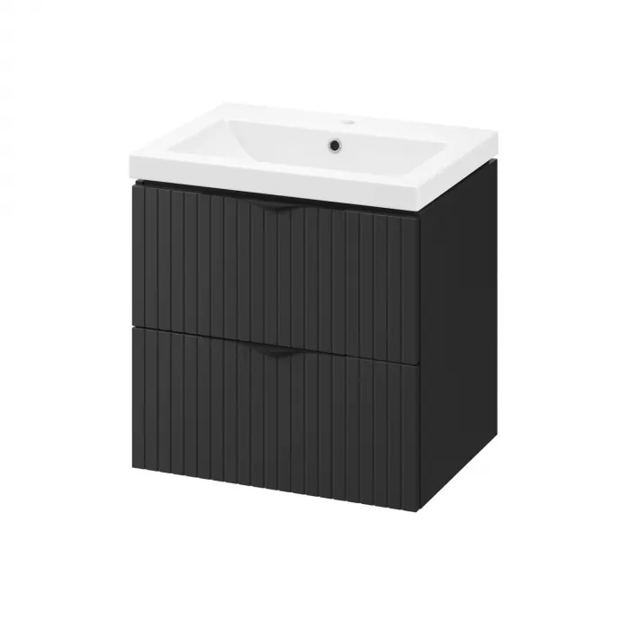 Set dulap baie suspendat 2 sertare lavoar inclus, 60 cm, riflaje 3D negru mat, MDF, Cersanit Tirso