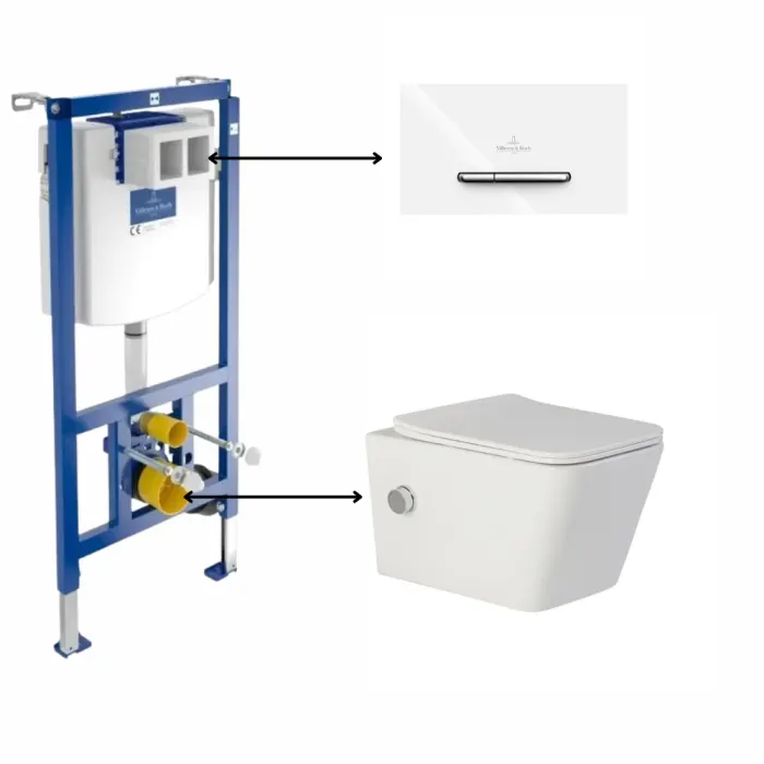 Set vas wc suspendat cu functie bideu, dreptunghiular, baterie crom Safari cu rezervor incastrat si clapeta de actionare dual-flush, alba cu 2 butoane cromate ViConnect, Villeroy Boch