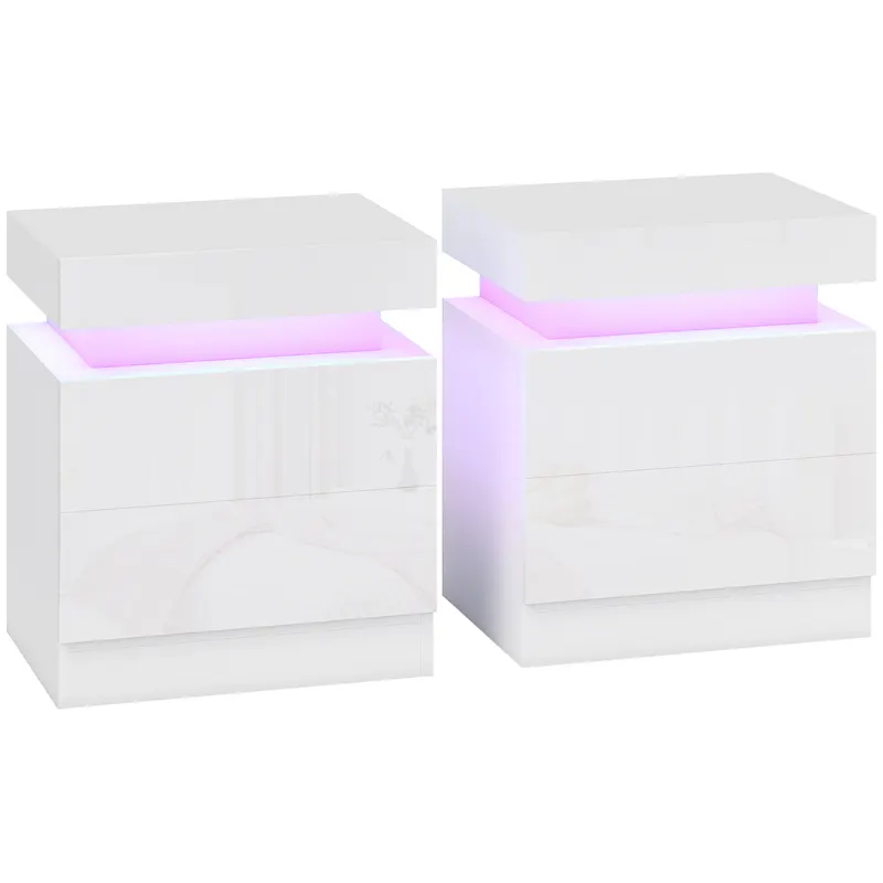 HOMCOM Set 2 Noptiere LED cu 4 Moduri, 2 Sertare, PAL, 45x35x52 cm, Alb Lucios