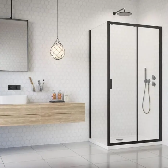 Set cabina de dus dreptunghiulara neagra Radaway Alienta Black DWJ+S 120x90 cm, usa culisanta + perete fix, cadita Laros D Compact si sifon