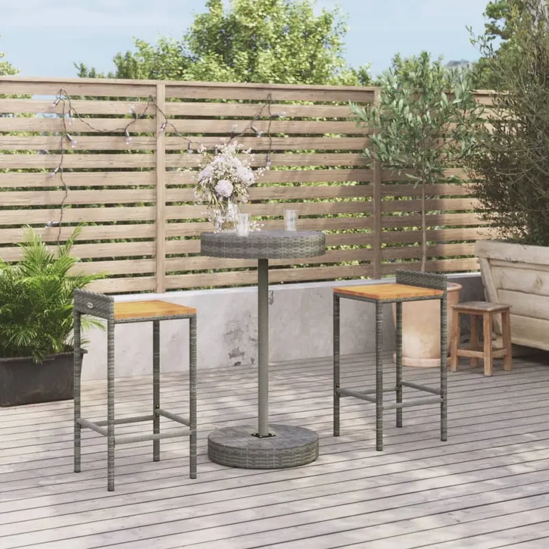 set bar pentru gradina, 3 piese, gri, poliratan/lemn acacia