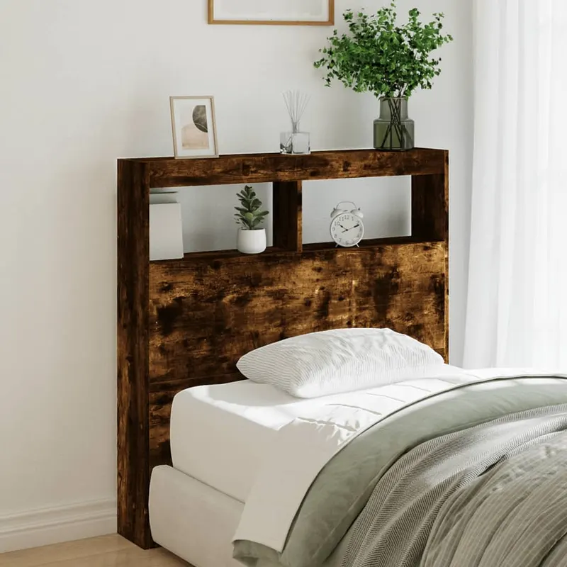 tablie de pat cu dulap si led, stejar fumuriu, 100x17x102 cm