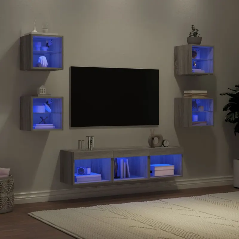 unitati de perete tv cu led-uri, 7 piese, gri sonoma, lemn