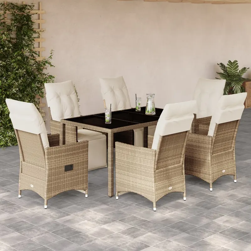 set bistro de gradina, 7 piese, cu perne, bej, poliratan