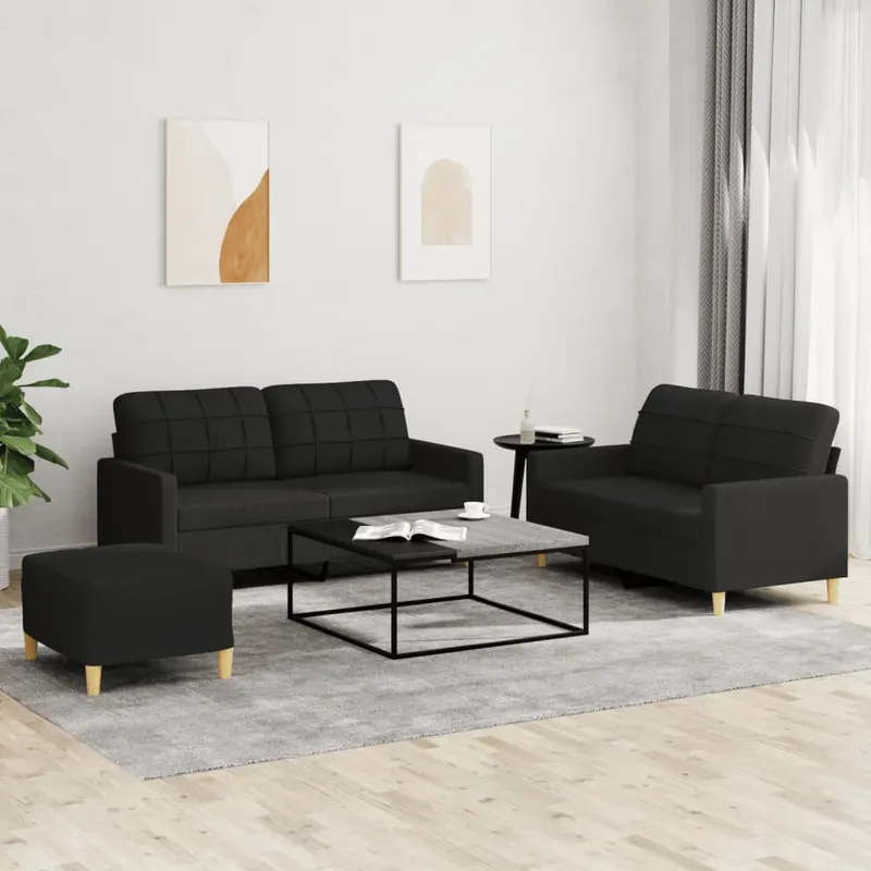 set de canapele cu perne, 3 piese, negru, textil
