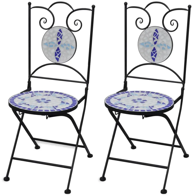 scaune bistro pliante, 2 buc., albastru si alb, ceramica