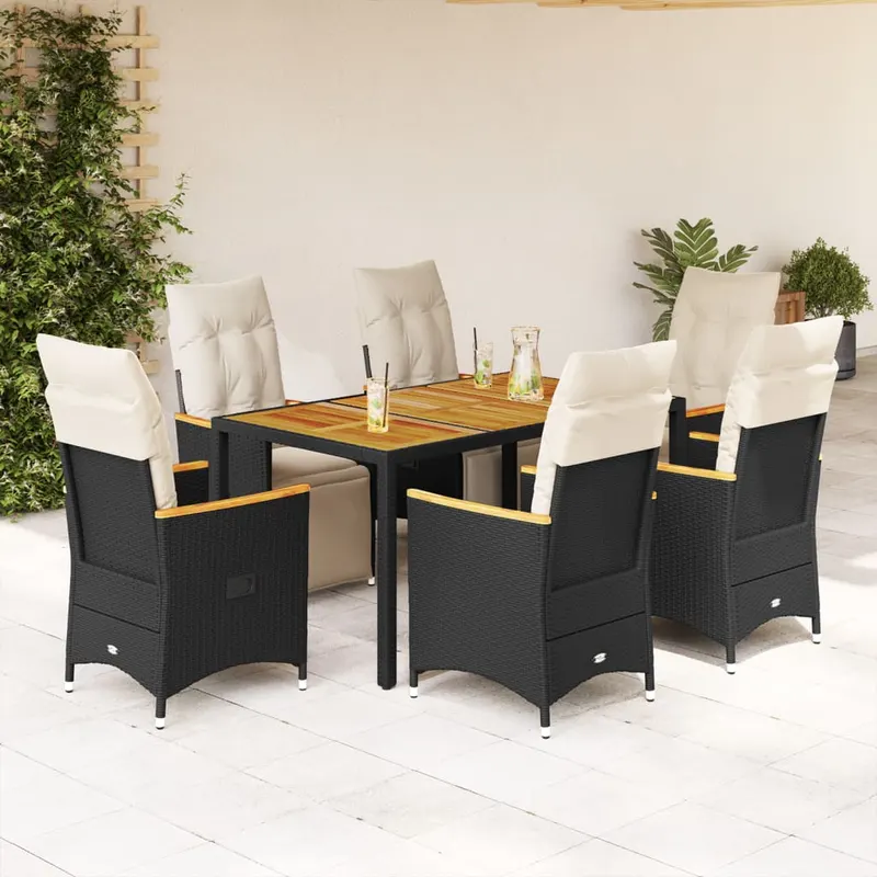 set bistro de gradina, 7 piese, cu perne, negru, poliratan