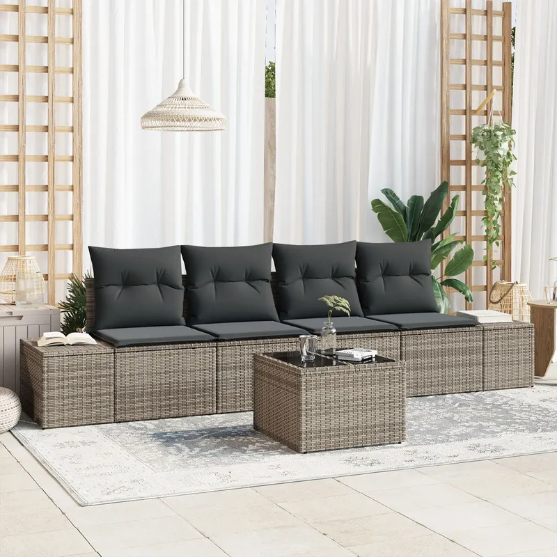 set canapea de gradina cu 5 piese si perne gri ratan