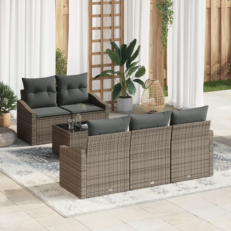 set de canapele cu 6 piese si perne gri ratan poli