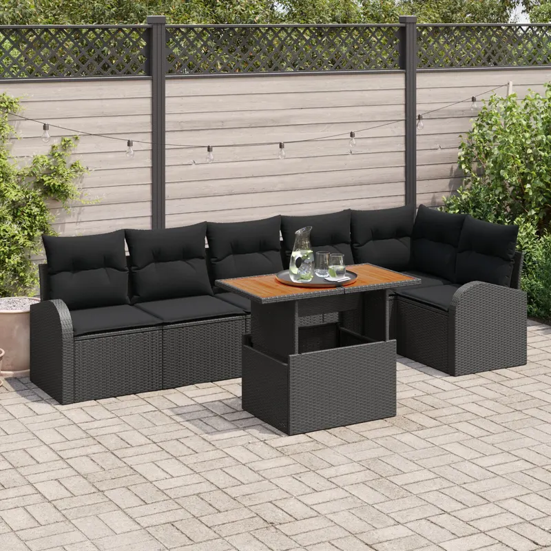 set masa gradina 7 piese cu perne ratan negru acacia