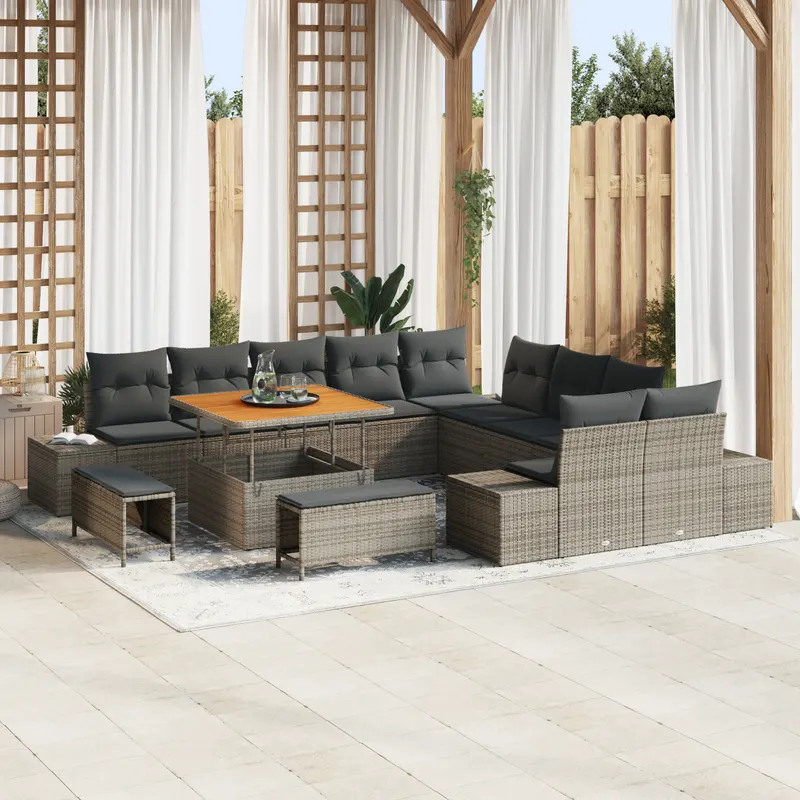 Set de sofa pentru gradina din 13 piese cu perne gri poli ratan acacia, sofa de gradina cu 2 locuri si perne gri poli ratan, set de dining pentru gradina din 3 piese cu perne gri poli ratan acacia