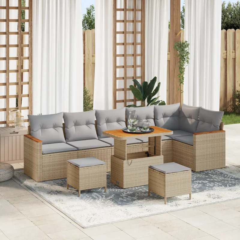 Set canapea gradina 9 piese + perne bej ratan polimeric acacia, set dining gradina 3 piese + perne bej ratan polimeric acacia
