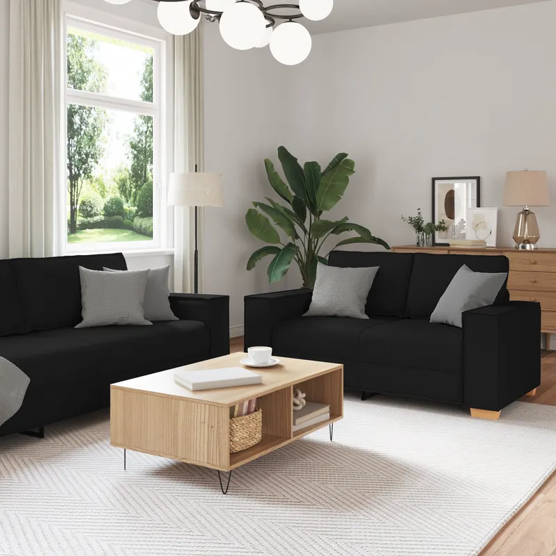 set canapea, 3 piese, perne negre, textil