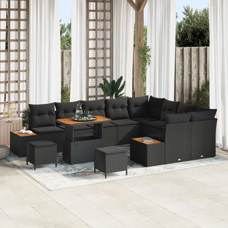 Set de canapea pentru gradina 12 piese cu perne negru poliratan acacia, canapea de gradina 2 locuri cu depozitare si perne negru poliratan, set de dining pentru gradina 3 piese cu perne negru poliratan acacia