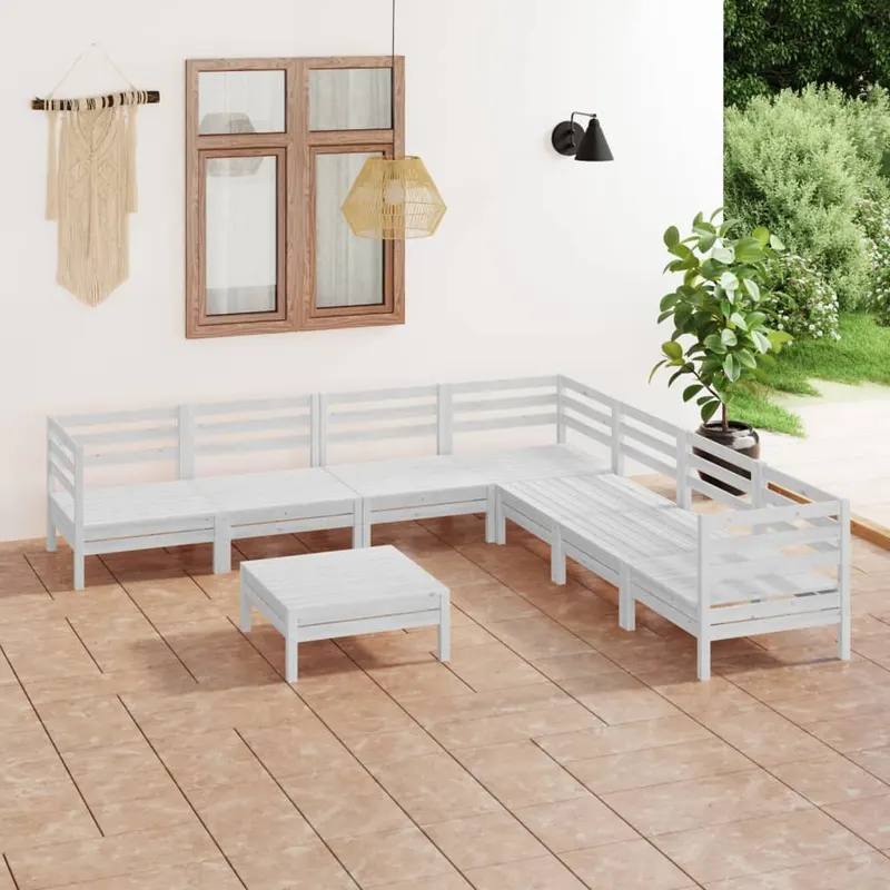 set mobilier de gradina, 8 piese, alb, lemn masiv de pin